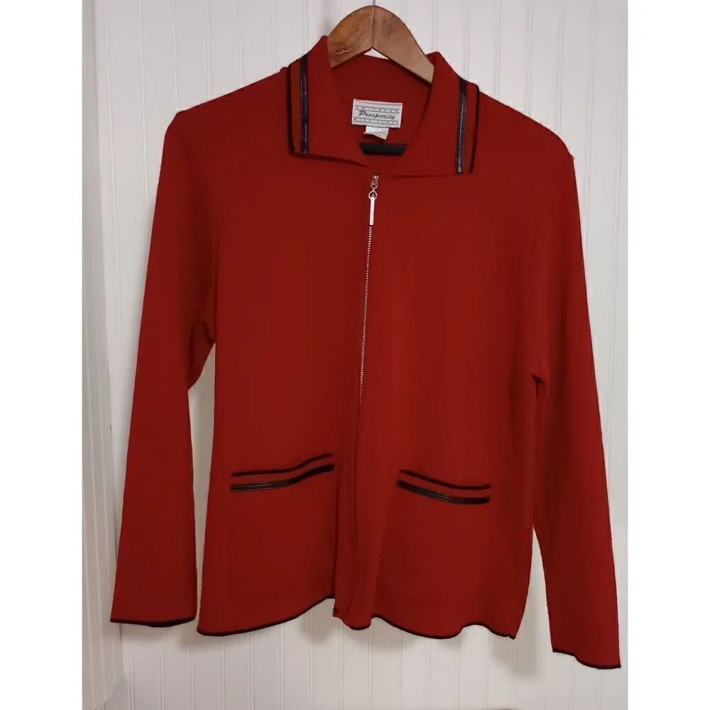 Vintage Prosperity red & black zip front cardigan size large